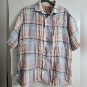 Tommy Bahama Short-Sleeve Plaid 100%Linen Button-Down Size L